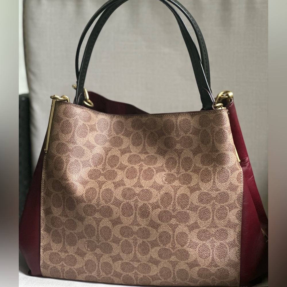 Coach Dalton 31 Colorblock Signature Canvas & Leather Tan/Deep Red